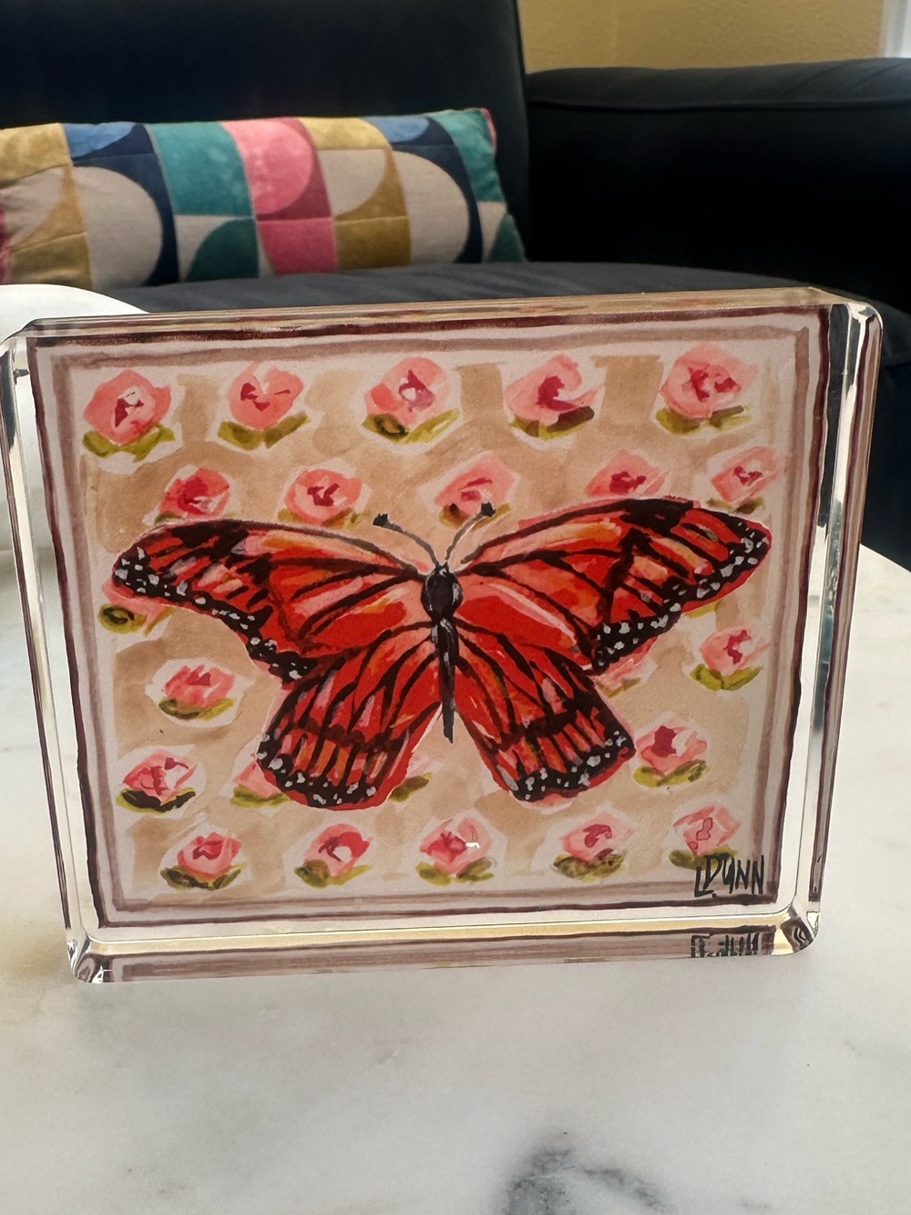 3-D peachy Butterfly acrylic Art Block by Lauren Dunn